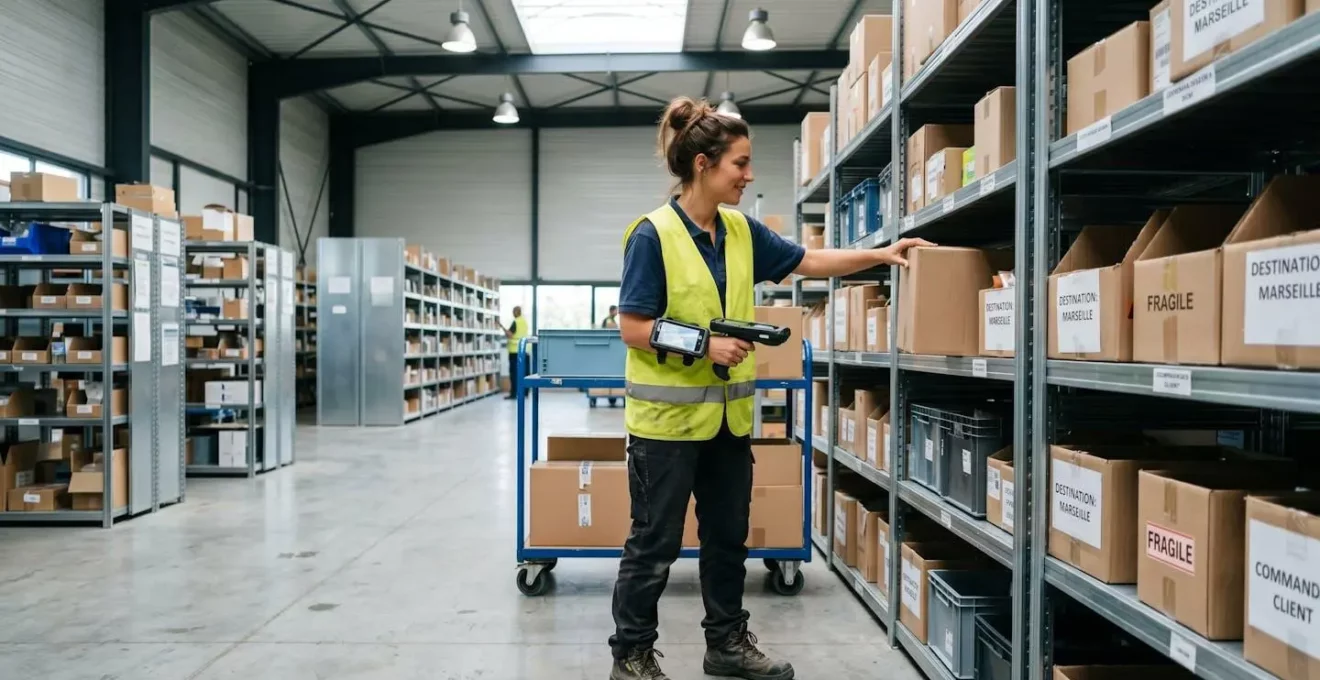 Un interimaire en tenue de travail dans un entrepôt logistique de la région Ariège, préparant des commandes