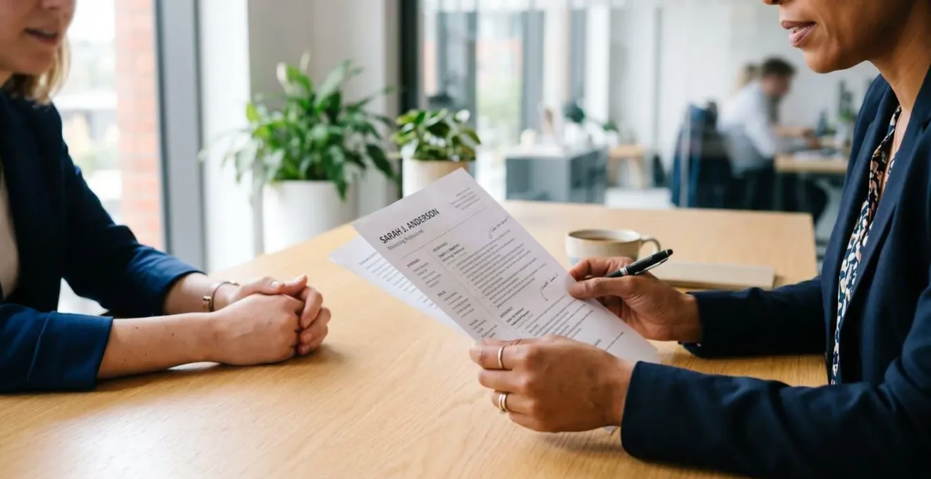 Un recruteur d'agence d'intérim analysant le CV d'un candidat lors d'un entretien de présélection